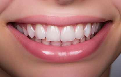A woman's vibrant, healthy white teeth after inlays treatment are on display in her smiling look up.