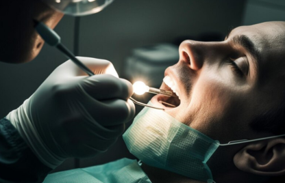A man receiving a dental check-up from a dentist advanced Full-mouth rehabilitation treatment.