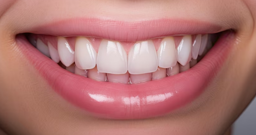 A woman's vibrant, healthy white teeth after inlays treatment are on display in her smiling look up