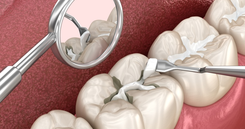 Four teeth during dental filling treatment using tools, two teeth done, and a third in the process